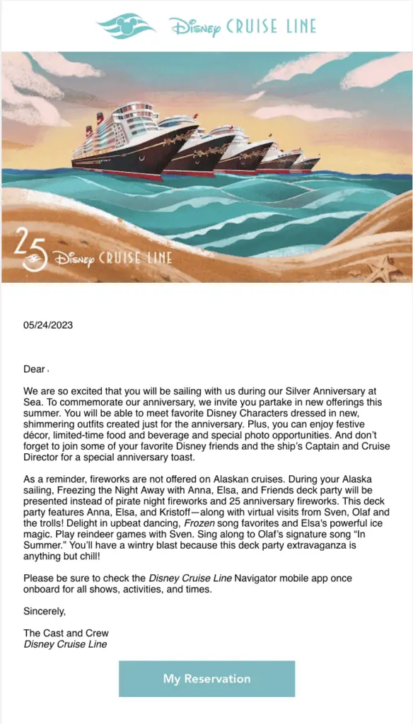 Disney Cruise Silver Anniversary at Sea Update