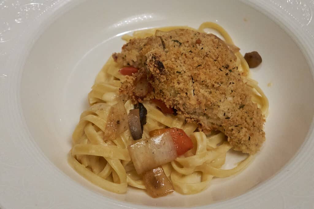 Disney Cruise Captains Gala Menu Fettuccine with Parmesan Crusted Chicken Chicken