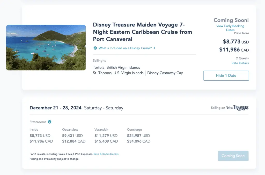The opening day pricing for the Disney Treasure Maiden Voyage for 2 people.
