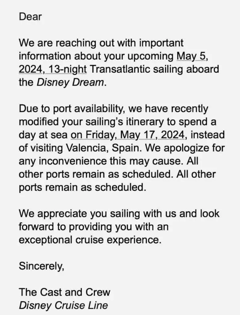 Itinerary change for the Disney Dream Eastbound Transatlantic 2024 Cruise